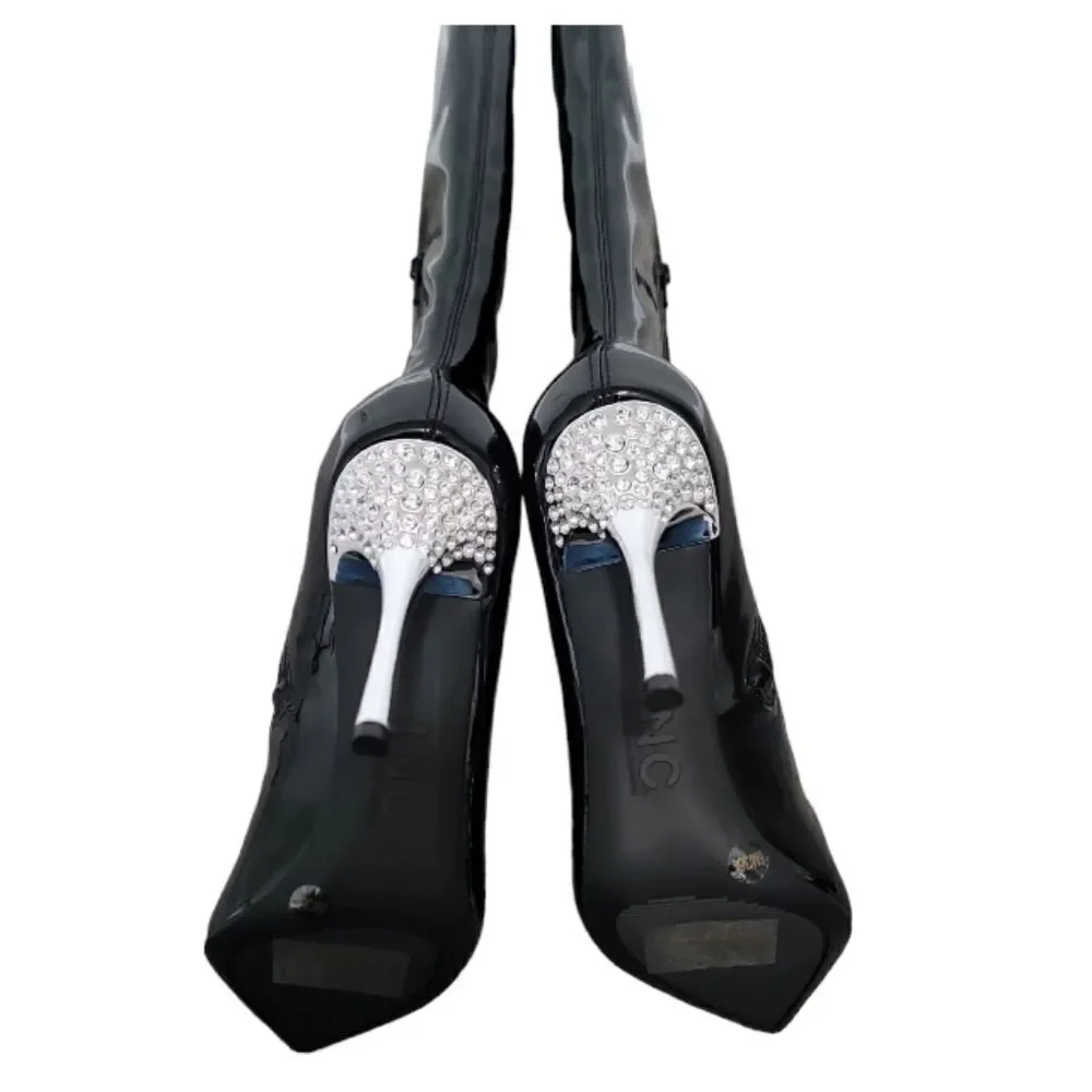 Inc  Black Over the Knee  Patient Leather W Sparkling Toe Piece Black Sz 6M NWT